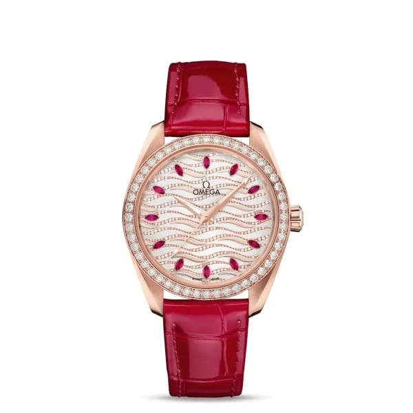 Discover Omega’s Signature Timepieces –Omega Seamaster 38mm Watch - Ref: 220.58.38.20.99.004 - White Pave Diamond Ruby Index Dial & Diamond Bezel in 18K Rose Gold Case, Red Leather Strap