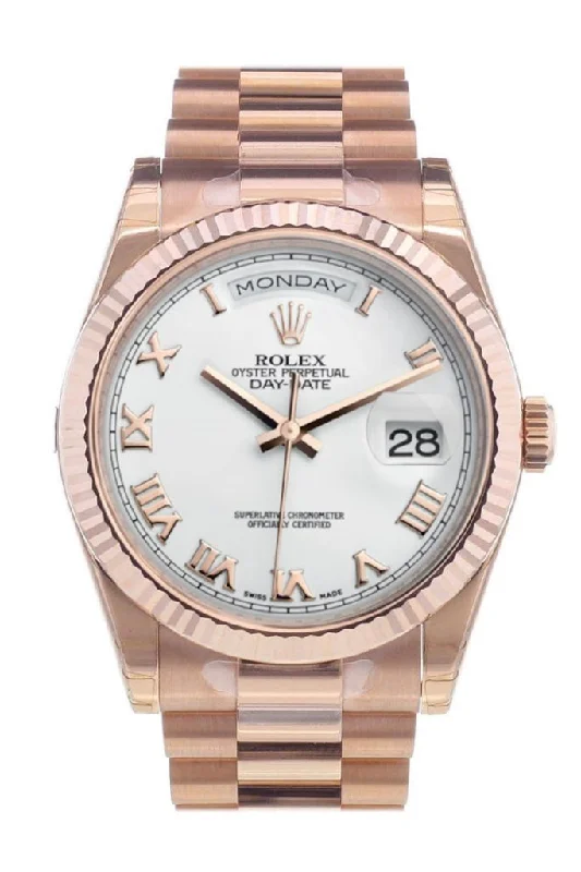 Shop Iconic Rolex Watches Today –Rolex Day-Date 36 White Roman Dial Fluted Bezel President Everose Gold Watch 118235