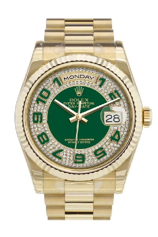 Rolex Watches: Designed for Luxury and Excellence –Rolex Day-Date 36 Green diamond paved Dial Fluted Bezel President Yellow Gold Watch 118238