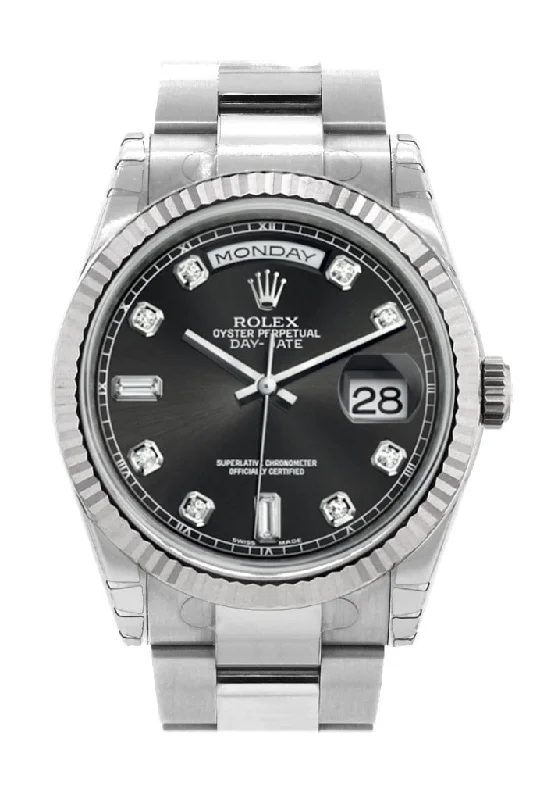 Iconic Rolex Watches for the True Connoisseur –Rolex Day-Date 36 Black set with Diamonds Dial Fluted Bezel Oyster White Gold Watch 118239