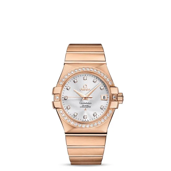 Shop Omega Watches for Timeless Quality and Value –Omega Constellation 35mm Watch - Ref: 123.55.35.20.52.001 - Silver Diamond Index Dial & Diamond Bezel, 18K Rose Gold Bracelet