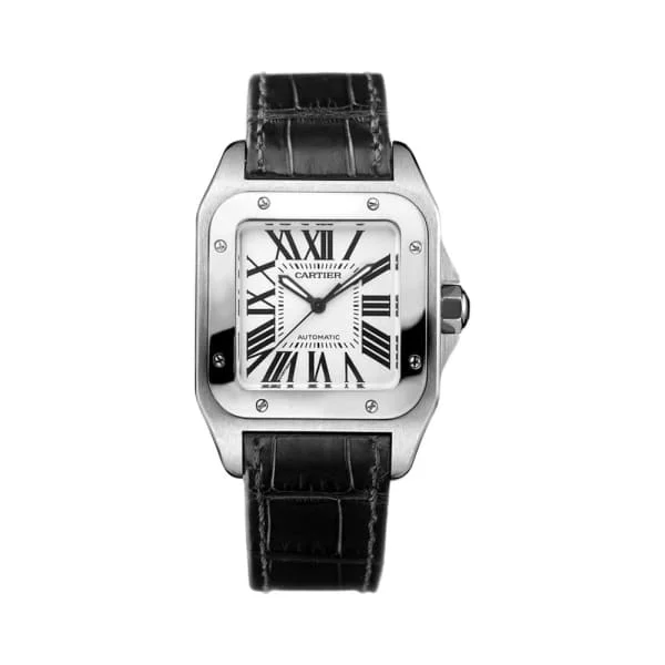 Discover the Best Cartier Watches for Your Collection –Cartier Santos 100 35.6mm Watch - Ref: W20106X8 - Silver Roman Dial, Black Leather Strap