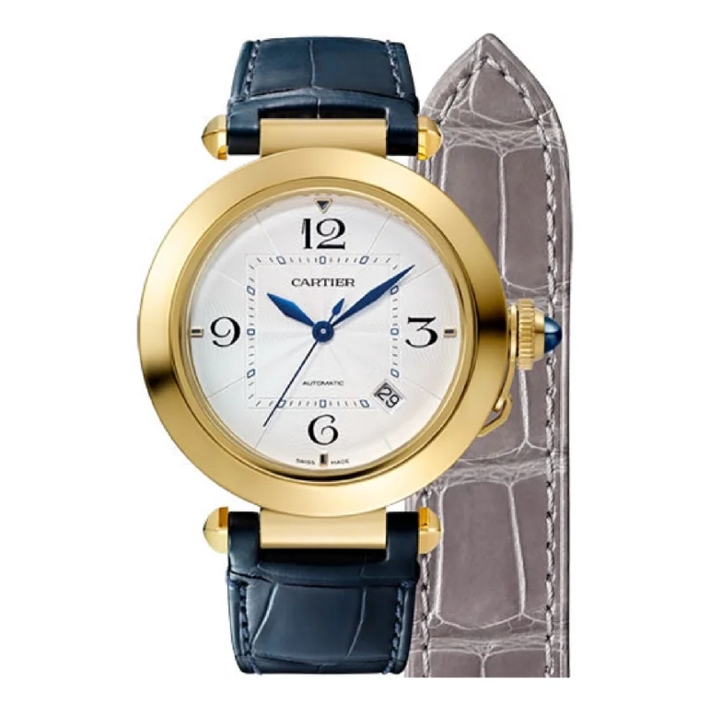 Cartier Watches: Designed for the Sophisticated –Cartier Pasha de Cartier 41mm Watch - Ref: WGPA0007 - Silver Arabic Dial in 18K Rose Gold Case, Blue Leather Strap