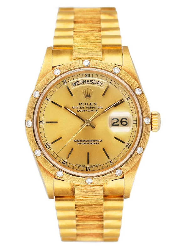 Find Rolex Watches That Will Last a Lifetime –Rolex Day Date 18108 Diamond18K Yellow Gold Bark Finish Mens Watch