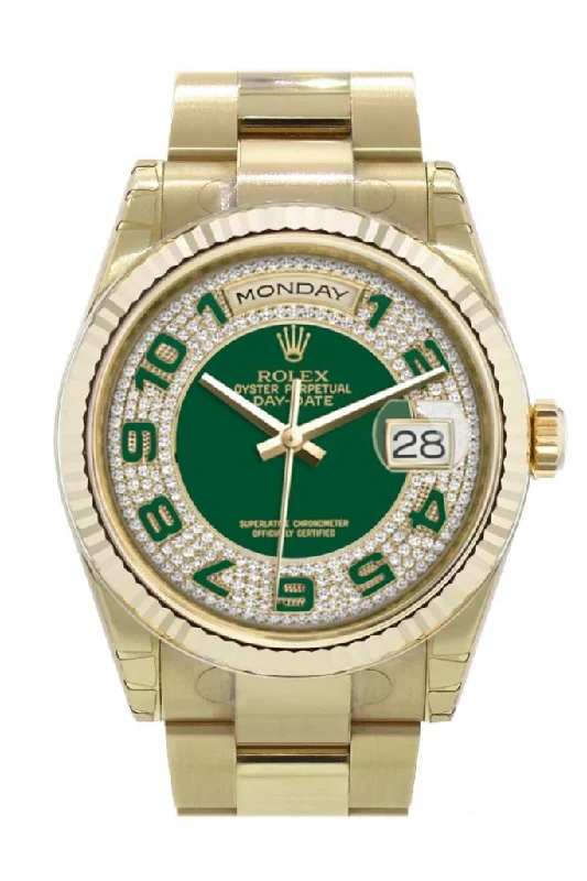 Explore Rolex Watches for the Ultimate Timepiece Experience –Rolex Day-Date 36 Green diamond paved Dial Fluted Bezel Yellow Gold Watch 118238