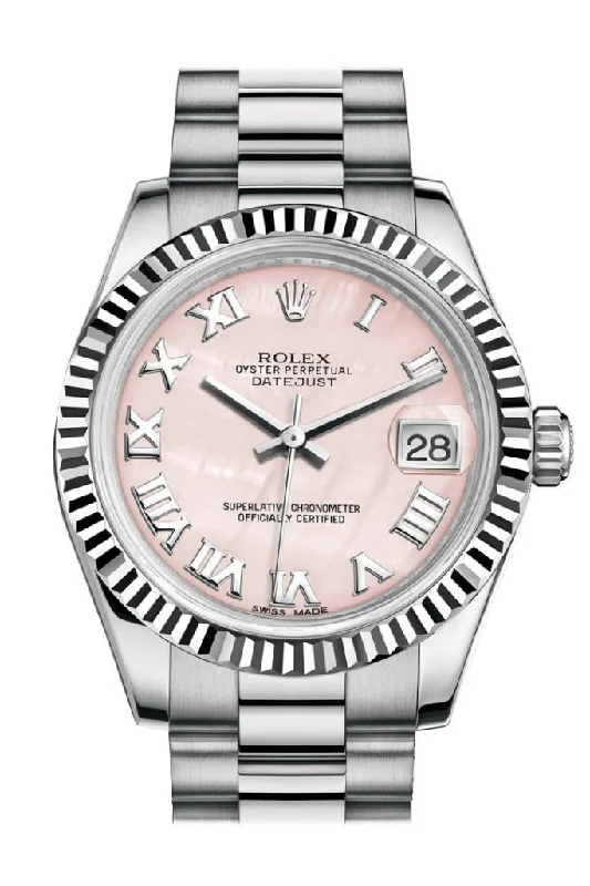 Shop Luxury Rolex Watches –Rolex Datejust 31 Pink mother-of-pearl Roman Dial Fluted Bezel 18K White Gold President Ladies Watch 178279 Pre-owned