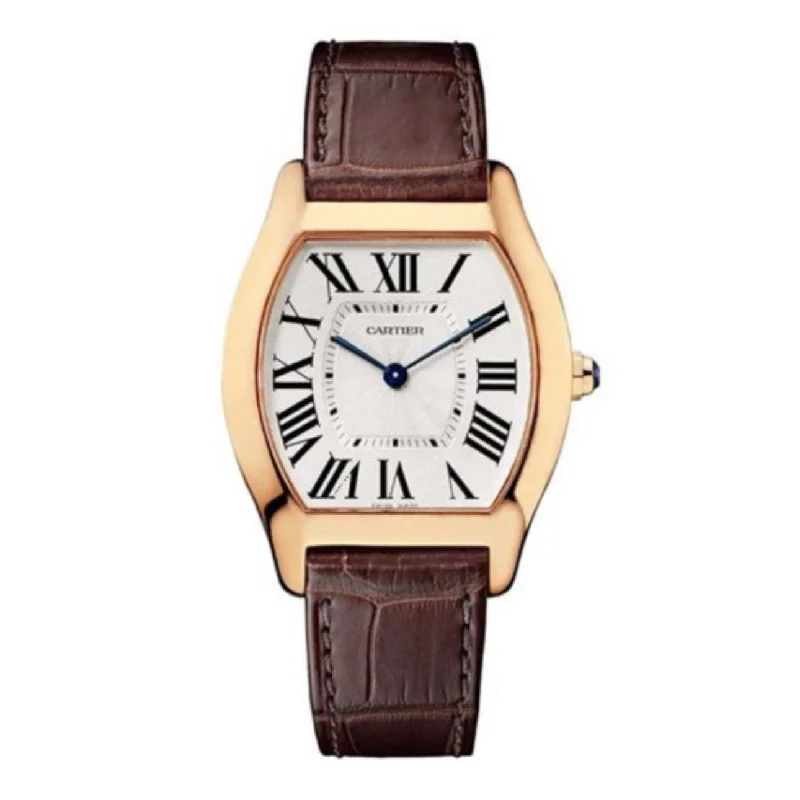 Shop Cartier Watches for Superior Craftsmanship –Cartier Cartier Tortue 39mm Watch - Ref: W1556362 - Silver Guilloche Dial in 18K Rose Gold Case, Brown Leather Strap