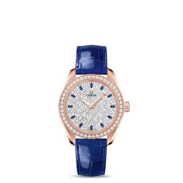 Omega Watches: Crafted for Ultimate Luxury –Omega Seamaster 34mm Watch - Ref: 220.58.34.20.99.002 - White Pave Diamond Sapphire Index Dial & Diamond Bezel in 18K Rose Gold Case, Blue Leather Strap