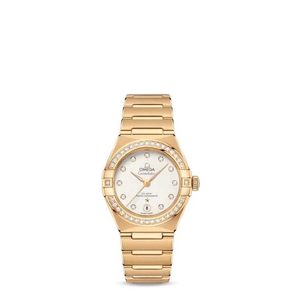 Discover Omega’s Signature Timepieces –Omega Constellation 29mm Watch - Ref: 131.55.29.20.52.002 - Silver Diamond Index Dial & Diamond Bezel, 18K Yellow Gold Bracelet