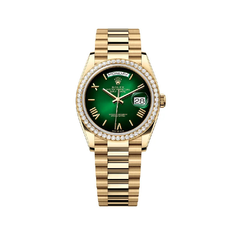 Timeless Rolex Watches for the Modern Collector –Rolex Day-Date 128348RBR Yellow Gold Green Ombre Roman Numeral Dial Diamond Bezel