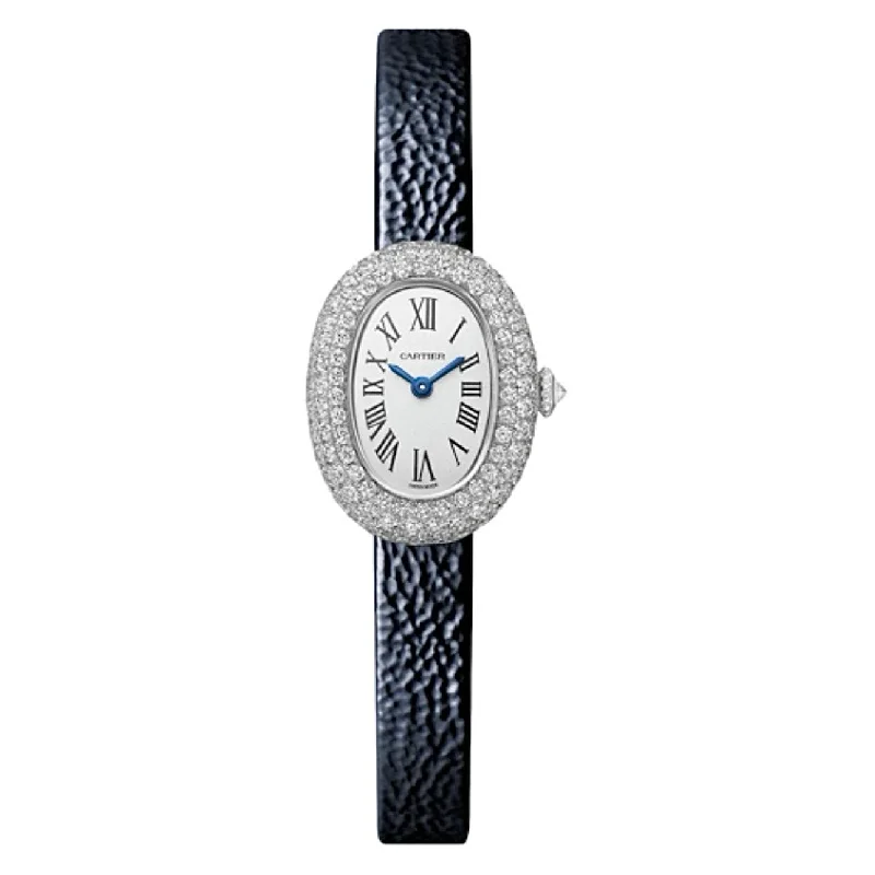 Find Your Ideal Cartier Timepiece Today –Cartier Baignoire 24.6mm Women's watch - Ref: WJBA0036 - Silver Roman Dial & Diamond Bezel in 18K White Gold Case, Black Leather Strap