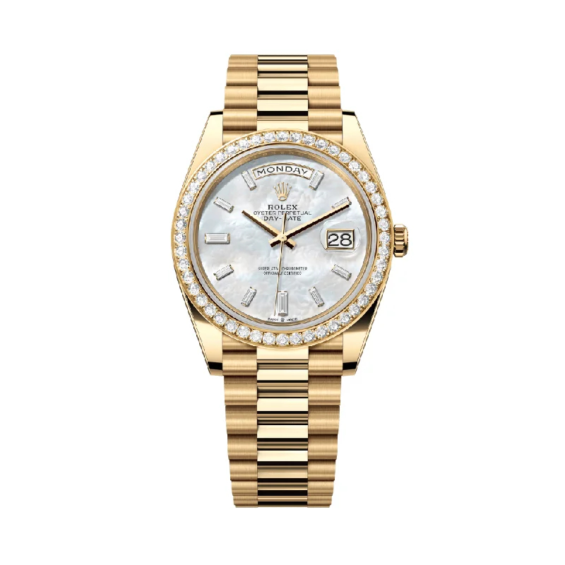 Rolex Watches: Designed for Excellence –Rolex Day-Date 228348RBR Yellow Gold Diamond Bezel Baguette Mother of Pearl Dial