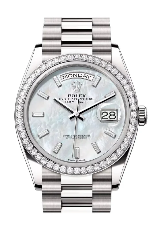 Shop Rolex Watches with Classic Appeal –Rolex Day Date 36mm White MOP Diamond Dial Diamond Bezel White Gold President Bracelet 128349RBR