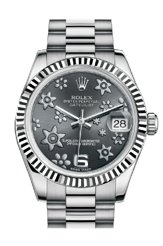 Rolex Watches for Discerning Collectors –Rolex Datejust 31 Dark Rhodium Raised Floral Motif Dial Fluted Bezel 18K White Gold President Ladies Watch 178279 Pre-owned