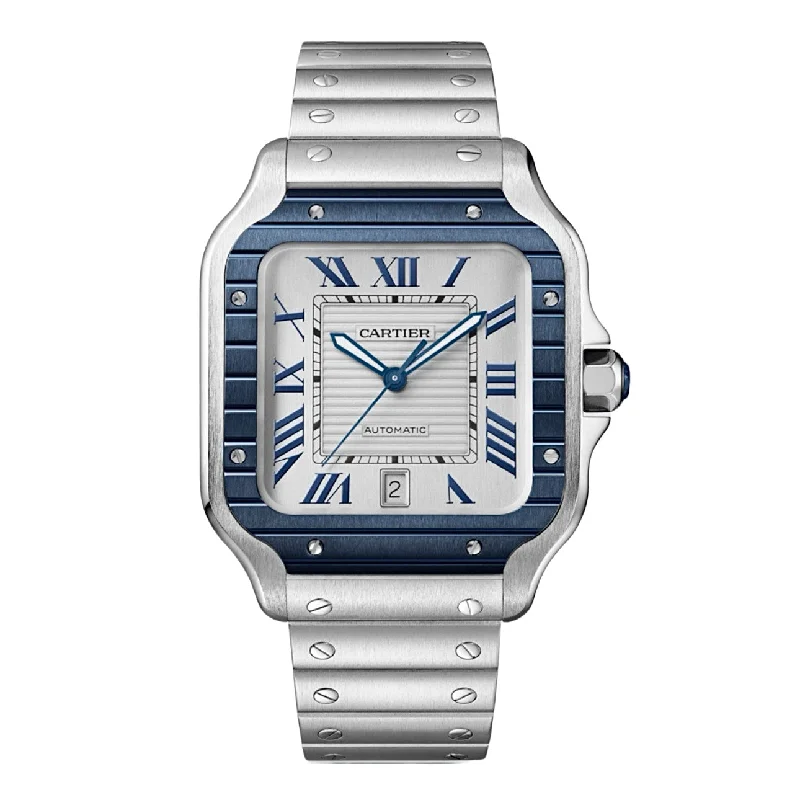 Shop Cartier Watches for Precision and Luxury –Cartier Santos 100 40mm Watch - Ref: WSSA0047 - Silver Roman Dial, Stainless Steel Bracelet