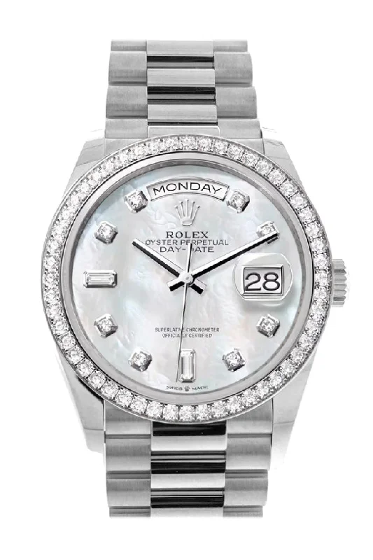 Rolex Watches: Legendary Quality and Precision –Rolex Day-Date 36 Mother of Pearl Diamond Dial Diamond Bezel White Gold President Watch 128349RBR