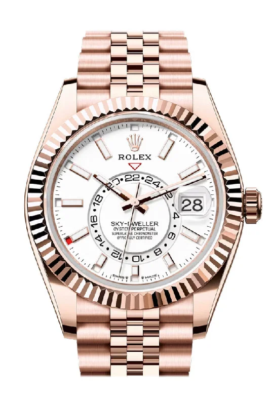 Discover Rolex Watches for Every Lifestyle –Rolex Sky Dweller White Dial Fluted Bezel Rose Gold Jubilee Bracelet 336935