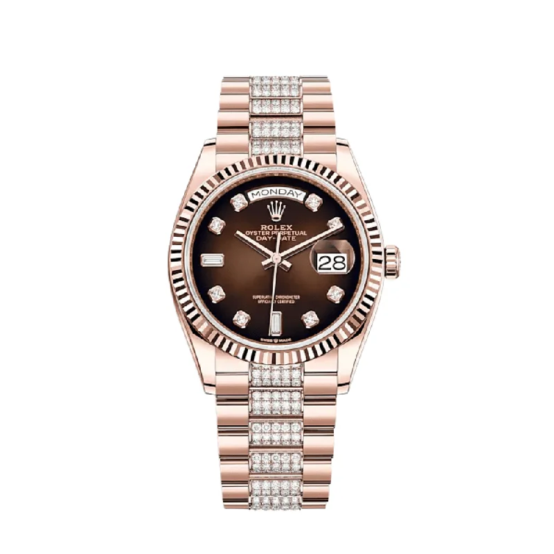 Discover Iconic Rolex Timepieces with Unmatched Craftsmanship –Rolex Day-Date 128235 Rose Gold Brown Diamond Dial