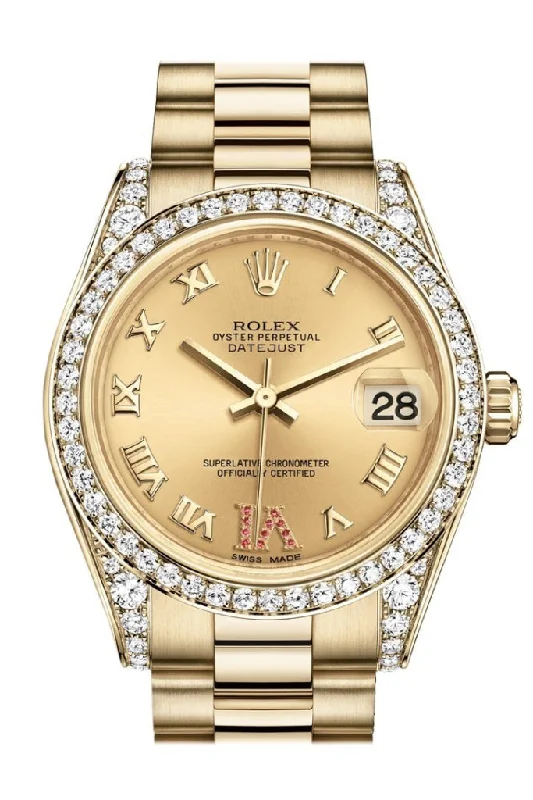 Explore Rolex Watches for Unrivaled Quality –Rolex Datejust 31 Champagne Large VI Rubies Dial Diamond Bezel Lug 18K Yellow Gold President Ladies Watch 178158 Pre-owned