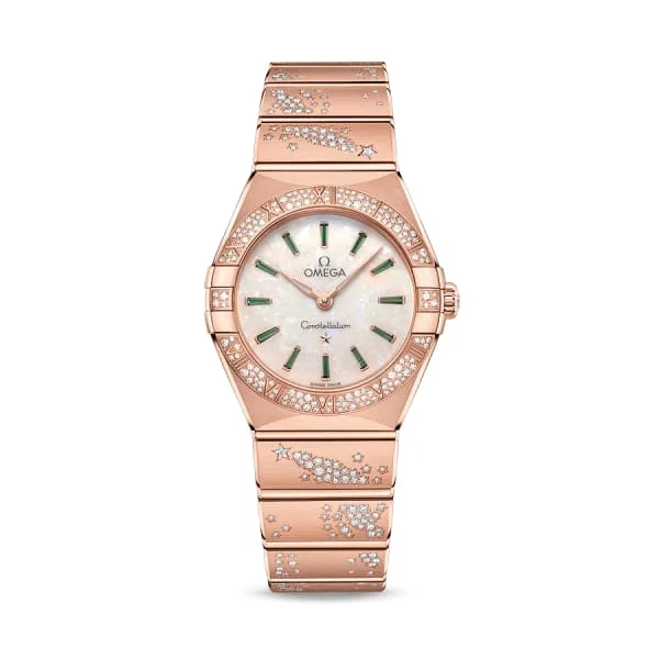 Shop Omega Watches for Enduring Value –Omega Constellation 28mm Watch - Ref: 131.55.28.60.99.004 - White Australian Opal Emerald Index Dial, 18K Rose Gold Pave Diamond Bracelet