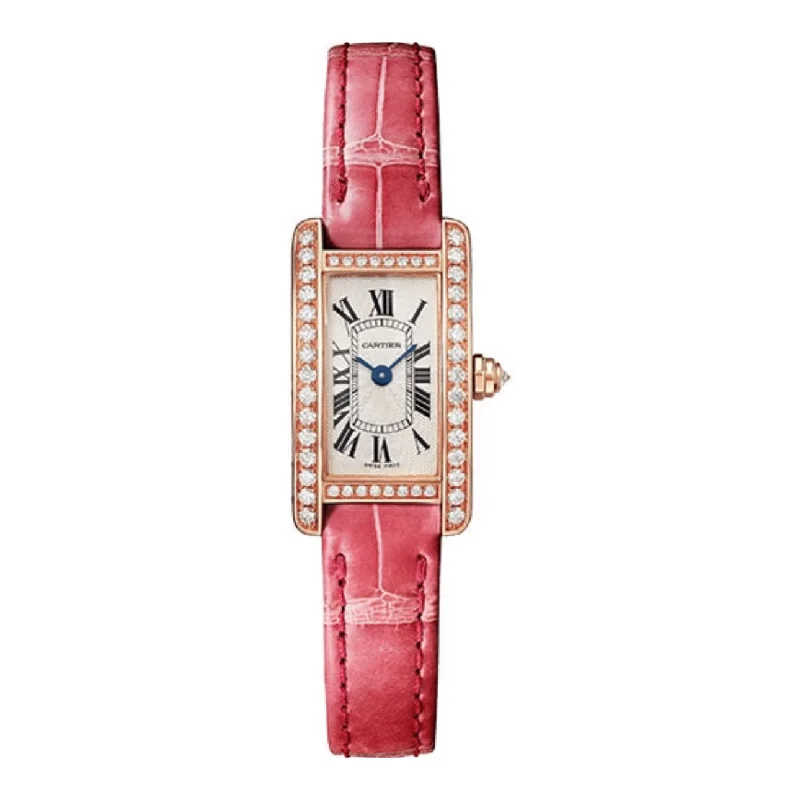 Cartier Watches: The Perfect Combination of Style and Craftsmanship –Cartier Tank Americaine 27mm Women's watch - Ref: WJTA0026 - Silver Roman Dial & Diamond Bezel in 18K Rose Gold Case, Rouge Leather Strap