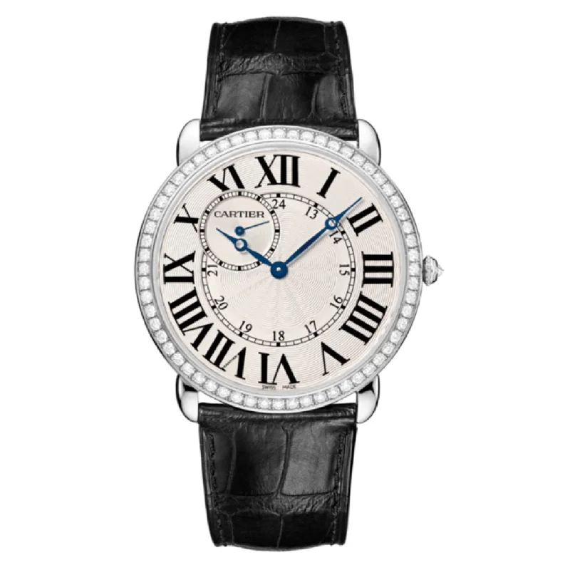 Cartier Watches: Luxury That Lasts –Cartier Ronde Solo de Cartier 42mm Watch - Ref: WR007002 - Silver Roman & Arabic Dial & Diamond Bezel in 18K White Gold Case, Black Alligator Strap