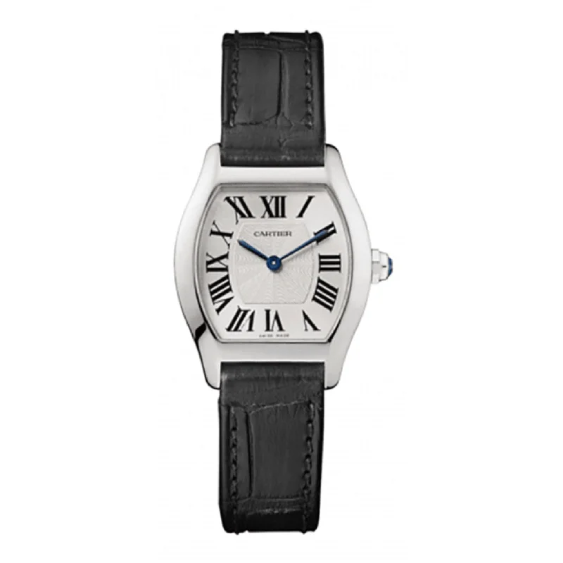 Find Exclusive Cartier Timepieces for Sale –Cartier Cartier Tortue 30mm Women's watch - Ref: W1556361 - Silver Guilloche Dial in 18K White Gold Case, Black Leather Strap