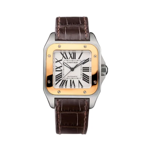 Explore Cartier Watches with Timeless Appeal –Cartier Santos 100 44.2mm Watch - Ref: W20107X7 - Silver Roman Dial in 18K Rose Gold Case, Black Alligator Strap