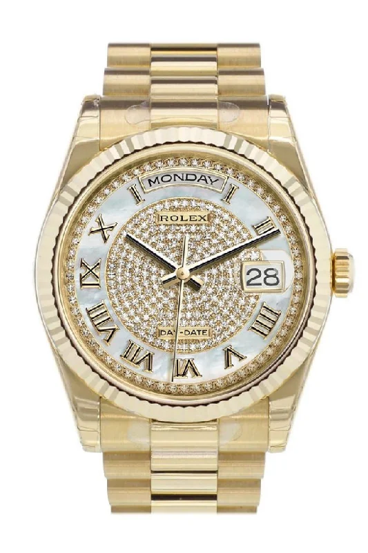 Find Iconic Rolex Models with Precision Engineering –Rolex Day-Date 36 White mother-of-pearl diamond paved Dial Fluted Bezel President Yellow Gold Watch 118238