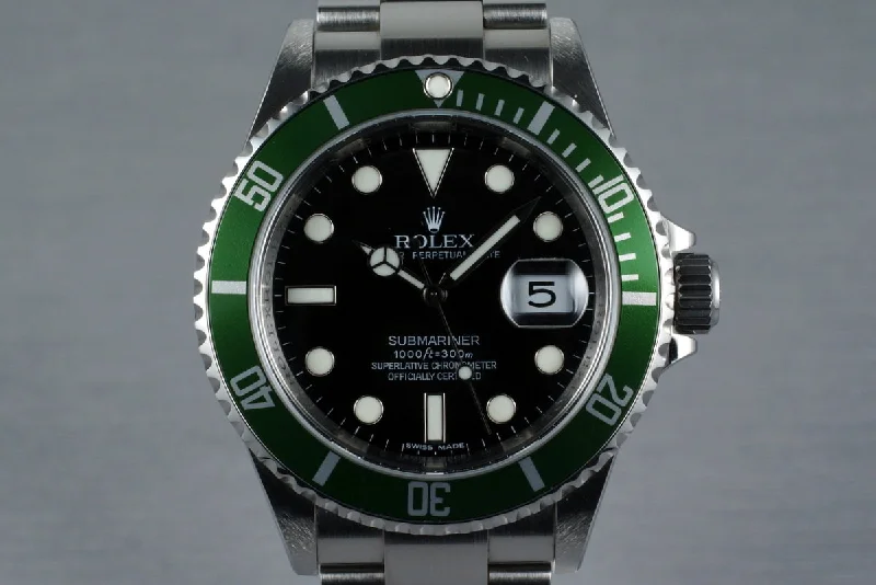 Discover Classic Rolex Timepieces Now –2007 Rolex Green Submariner 16610 with Box and Papers