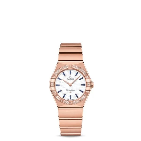 Omega Watches: Luxury, Style, and Precision Combined –Omega Constellation 28mm Watch - Ref: 131.55.28.60.55.007 - White Mother of Pearl Sapphire Index Dial & Pave Diamond Bezel, 18K Rose Gold Bracelet