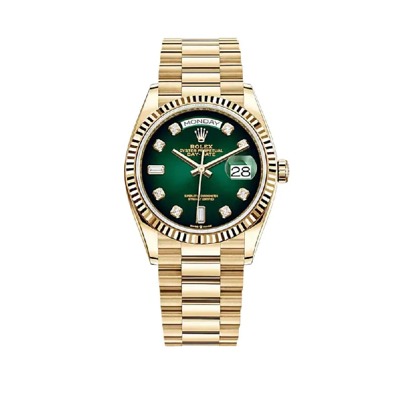 Discover Rolex Watches with Perfect Craftsmanship –Rolex Day-Date 128238 Yellow Gold Green Ombré Diamond Dial (2020)