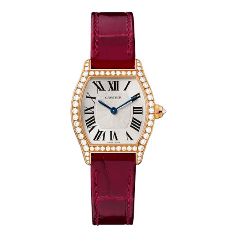 Explore Cartier Watches for Ultimate Elegance –Cartier Tortue 30mm Women's watch - Ref: WA501006 - White Roman Dial & Diamond Bezel in 18K Rose Gold Case, Bordeaux Alligator Strap