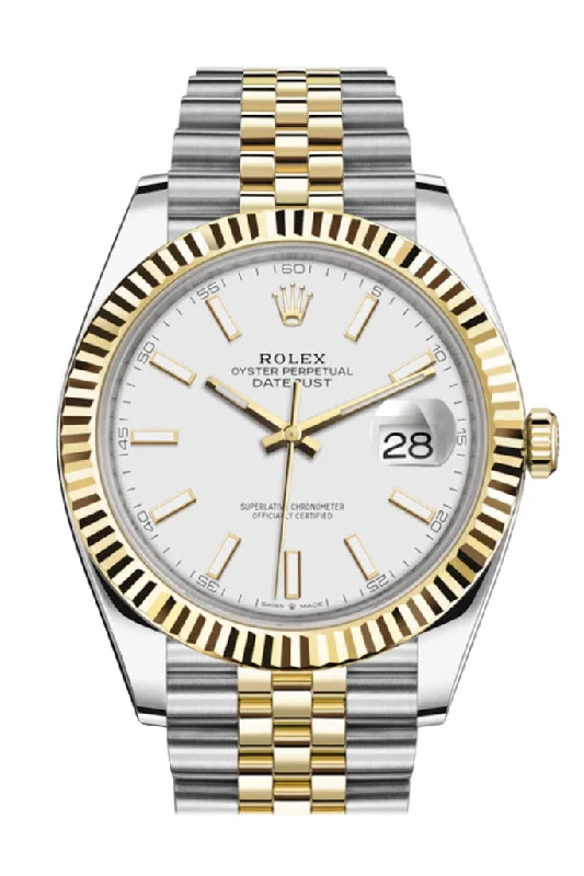 Discover Iconic Rolex Timepieces with Unmatched Craftsmanship –Rolex Datejust 41 White Dial Fluted Bezel 18k Yellow Gold Jubilee Mens Watch 126333