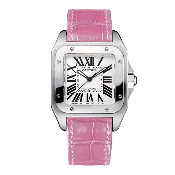 Shop Cartier Watches for Every Moment –Cartier Santos 100 33mm Watch - Ref: W20126X8 - Silver Roman Dial, Pink Leather Strap