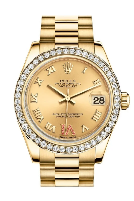 Timeless Rolex Watches with Legendary Appeal –Rolex Datejust 31 Champagne Large VI Rubies Dial Diamond Bezel 18K Yellow Gold President Ladies Watch 178288 Pre-owned