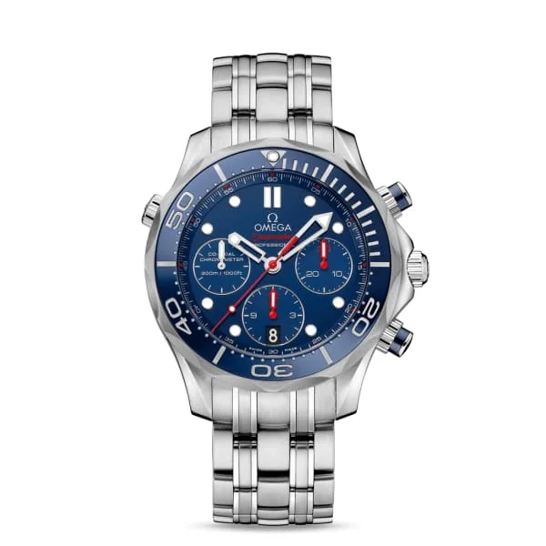 Shop Omega Watches for Classic Appeal –Omega Seamaster 44mm Watch - Ref: 212.30.44.50.03.001 - Blue Chronograph Index Dial, Stainless Steel Bracelet