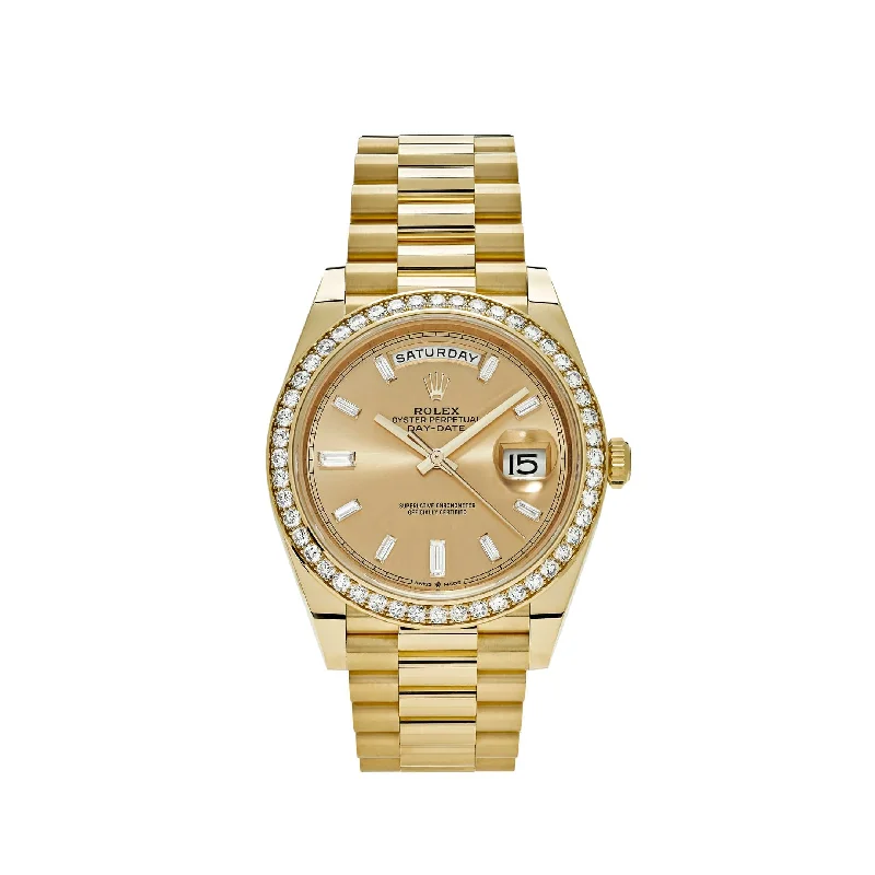 Discover the Best Rolex Models for Every Wrist –Rolex Day-Date 228348RBR Yellow Gold Diamond Bezel Champagne Diamond Dial