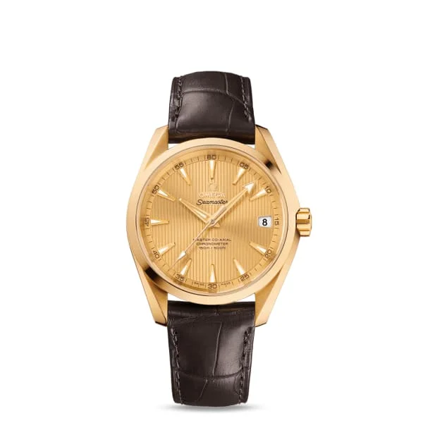 Shop Omega Watches for Iconic Designs –Omega Seamaster 39mm Watch - Ref: 231.53.39.21.08.001 - Champagne Index Dial in 18K Yellow Gold Case, Brown Leather Strap