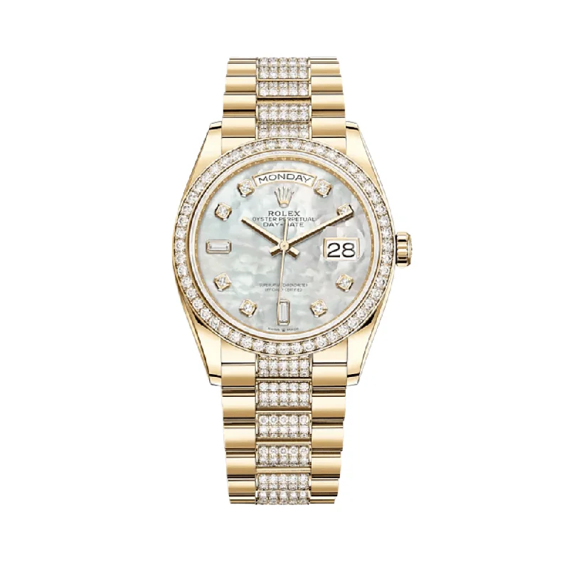 Discover Rolex Watches for Timeless Performance –Rolex Day-Date 128348RBR Yellow Gold Diamond Bezel Mother of Pearl Diamond Dial