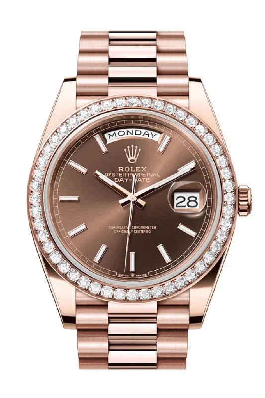 Discover the Latest Rolex Collections –Rolex Day-Date 40 Chocolate Dial Diamond Bezel 18K Everose gold President Men's Watch 228345RBR