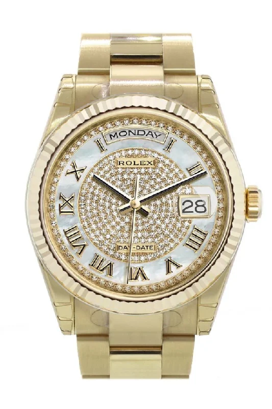 Shop the Best Rolex Watches Available Online –Rolex Day-Date 36 White mother-of-pearl, diamond paved Dial Fluted Bezel Yellow Gold Watch 118238