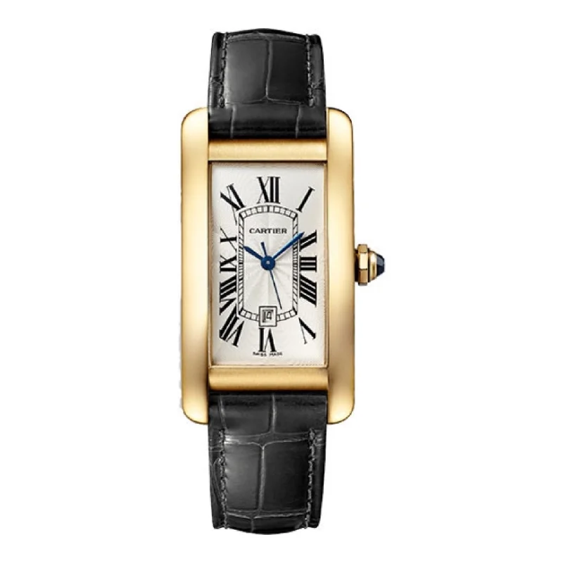 Shop Cartier Watches for Classic Luxury –Cartier Tank Americaine 41.6mm Watch - Ref: WGTA0040 - Silver Roman Dial in 18K Yellow Gold Case, Black Alligator Strap