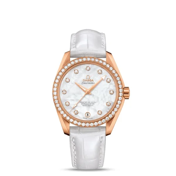 Luxury Omega Watches for Every Occasion –Omega Seamaster 39mm Watch - Ref: 231.58.39.21.55.001 - White Mother of Pearl Diamond Index Dial & Diamond Bezel in 18K Rose Gold Case, White Leather Strap