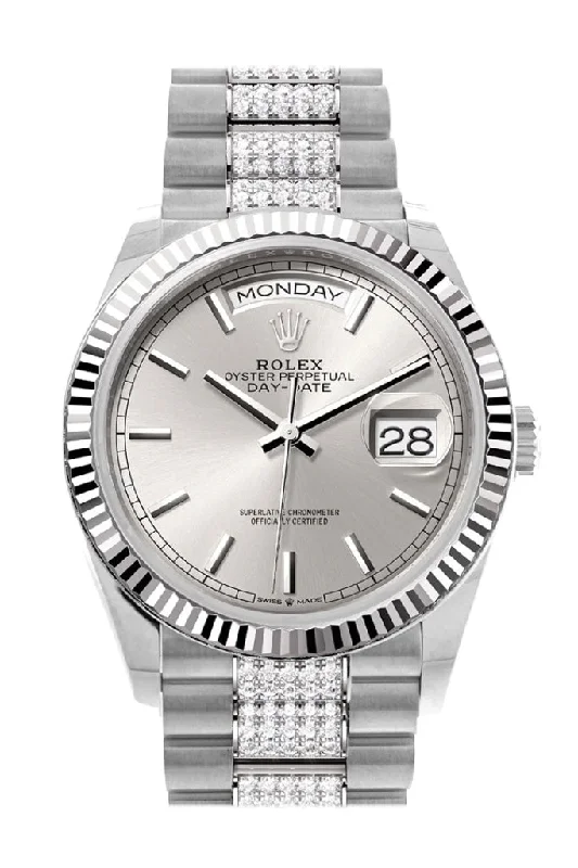 Rolex Watches: Iconic Timepieces for the Elite –Rolex Day-Date 36 Silver Dial Fluted Bezel White Gold Diamond President Watch 128239