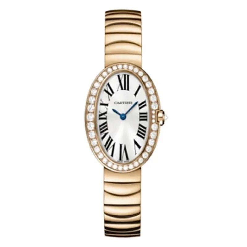 Discover Rare Cartier Timepieces Online –Cartier Baignoire 31.6mm Women's watch - Ref: WB520002 - Silver Roman Dial & Diamond Bezel, 18K Rose Gold Bracelet