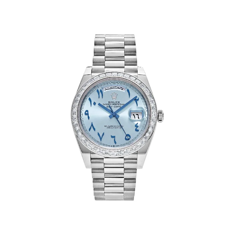 Discover Rare Rolex Watches –Rolex Day-Date 228396TBR Platinum Ice Blue Arabic Dial Diamond Bezel