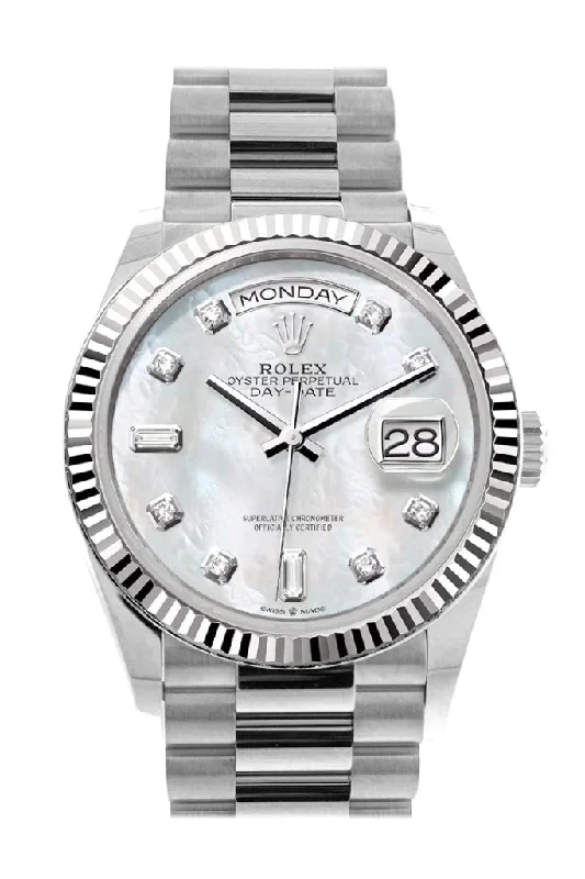 Discover the Best Rolex Models for Every Wrist –Rolex Day-Date 36 Mother of Pearl Diamond Dial Fluted Bezel White gold President Watch 128239