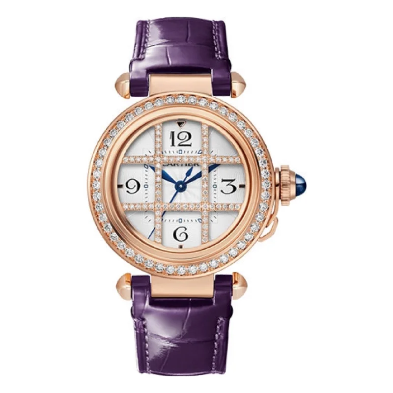 Cartier Watches: The Perfect Luxury Gift –Cartier Pasha de Cartier 35mm Women's watch - Ref: WJPA0020 - Silver Arabic Dial & Diamond Bezel in 18K Rose Gold Case, Purple Leather Strap