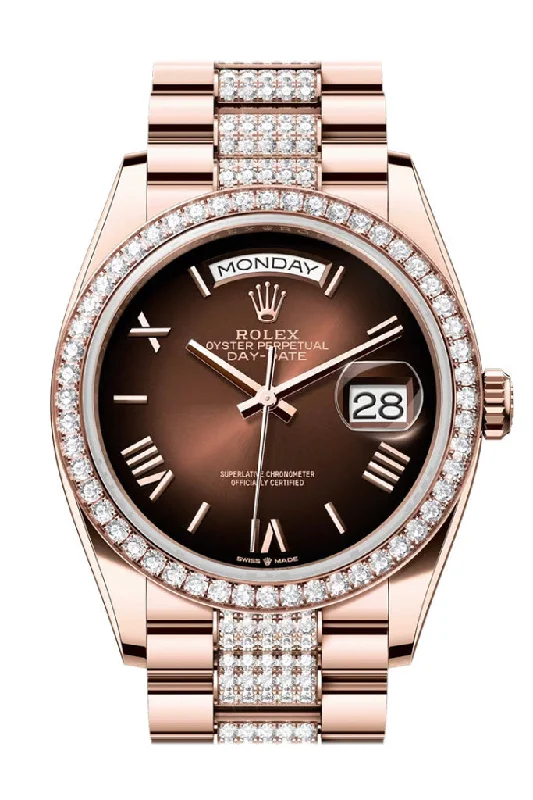 Discover Your Next Rolex Watch Today –Rolex Day Date 36 Brown Ombre Roman Dial Diamond Bezel Rose Gold President Diamond Bracelet 128345RBR